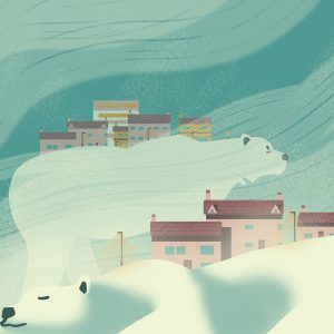 Illustration of polar bears amidst a snowstorm, carrying towns on their backs.